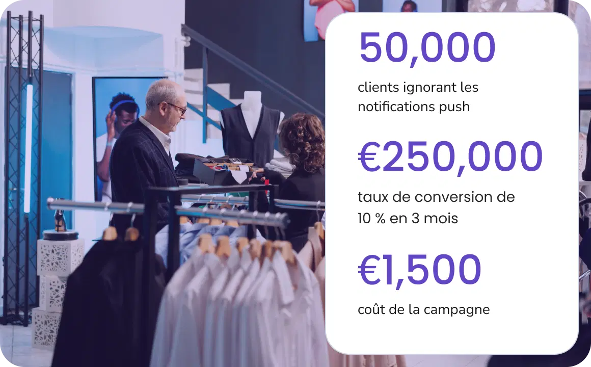 Dans une boutique de mode, un homme choisit une ceinture tandis que le magasin utilise TopMessage pour envoyer ses messages SMS professionnels.