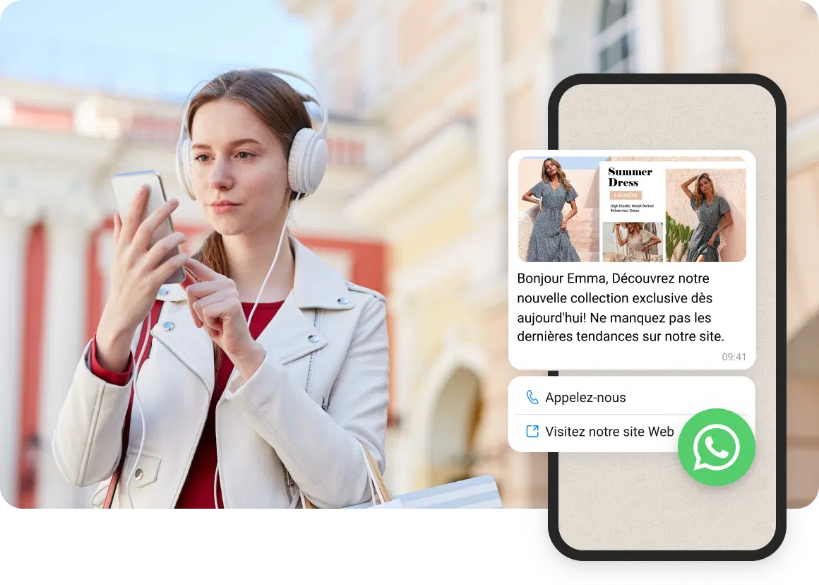 Une autre jeune femme portant des écouteurs blancs consulte ses messages WhatsApp concernant ses achats en ligne.