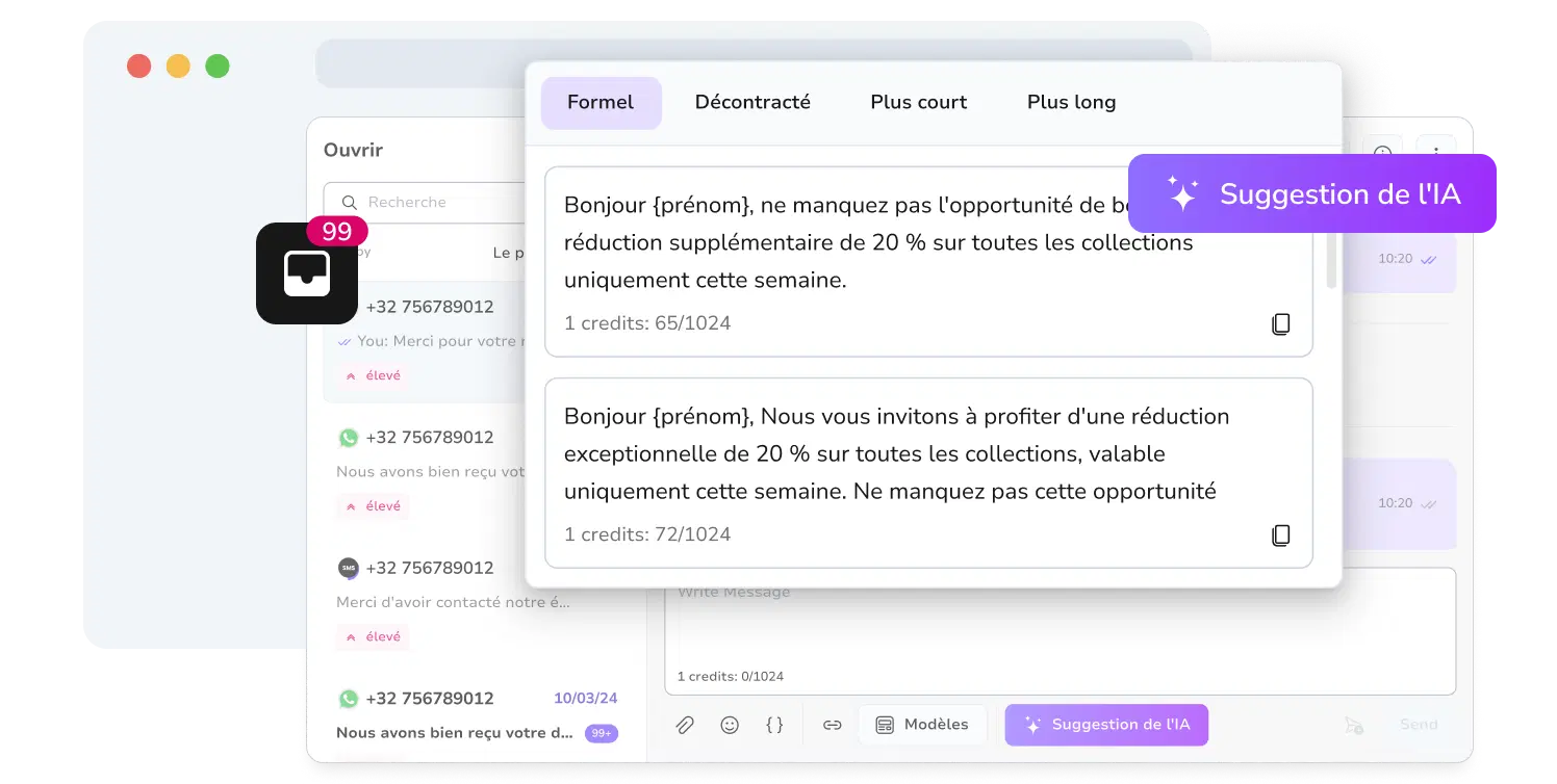 Capture d'écran montrant l'outil d'assistance IA de TopMessage.