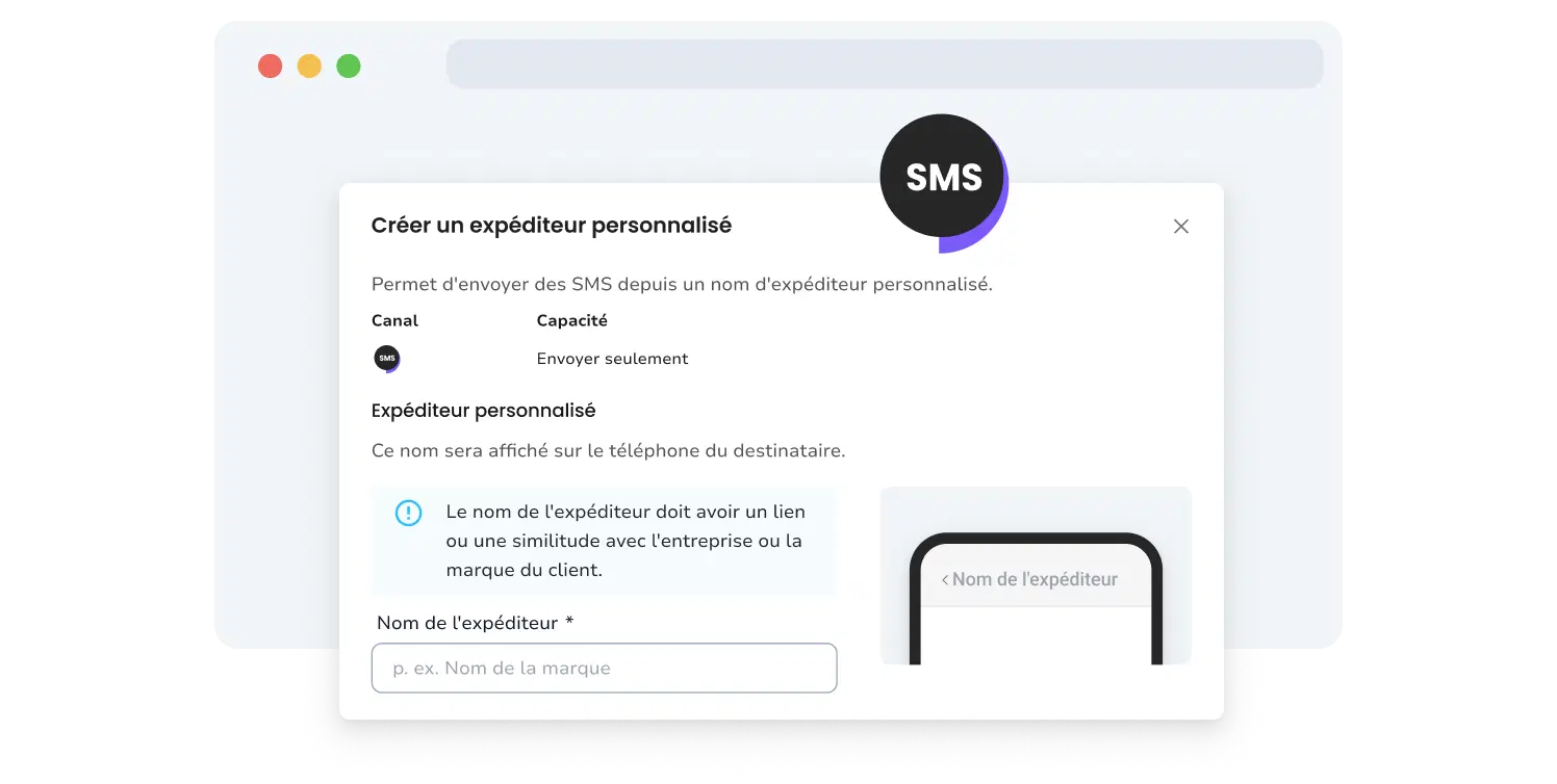 Capture d'écran de la page de configuration de l'expéditeur SMS de marque via l'API d'envoi SMS de TopMessage.