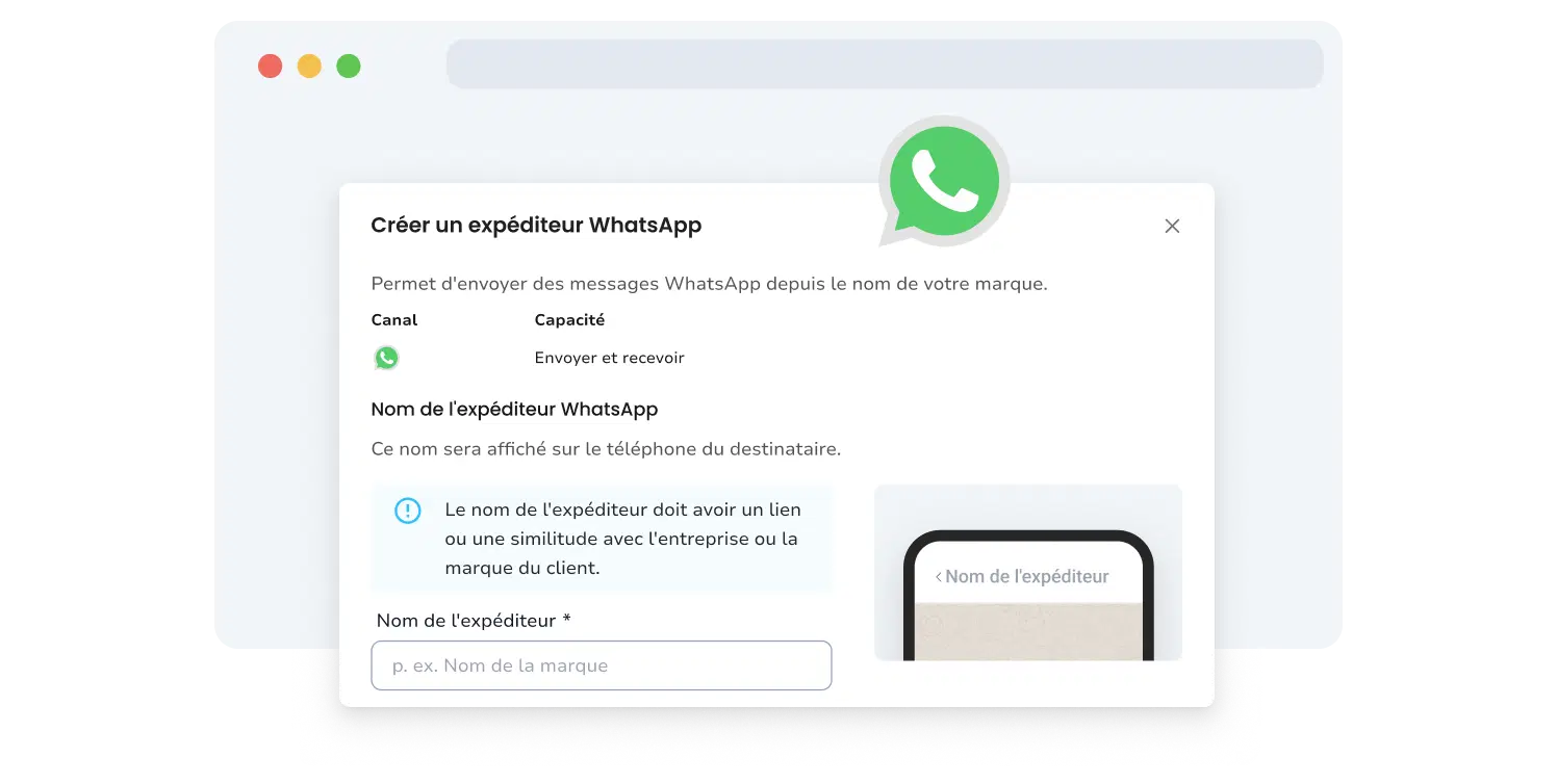 Capture d'écran de la page de soumission des expéditeurs WhatsApp de TopMessage.