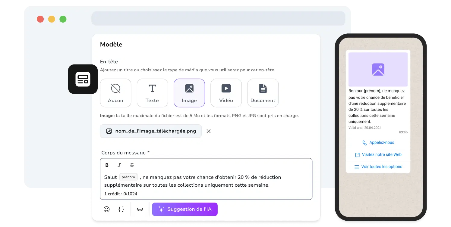 Capture d'écran de la page de création de modèles dynamiques WhatsApp sur TopMessage.