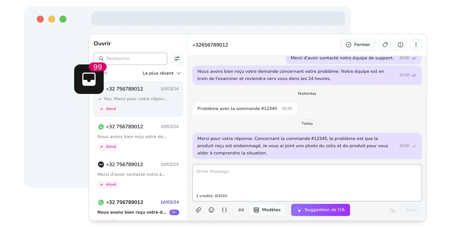 Capture d'écran montrant la page de la boîte de réception unifiée de TopMessage.
