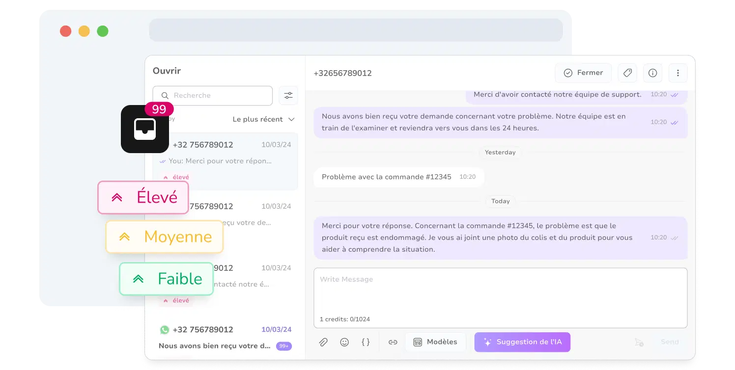 Capture d'écran de la boîte de réception unifiée de TopMessage affichant les priorités des conversations.