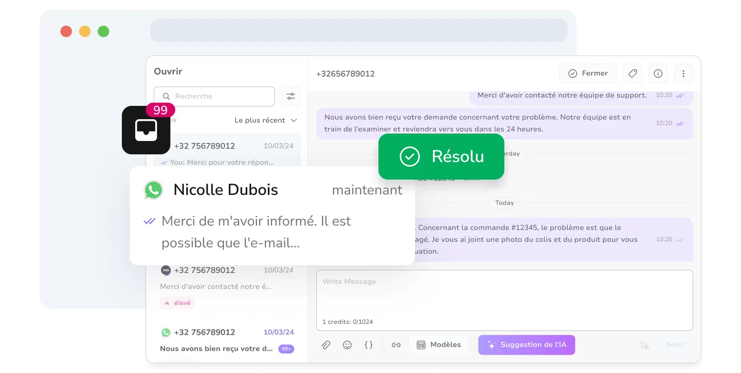 Capture d'écran de la boîte de réception WhatsApp de TopMessage montrant les conversations résolues pour la gestion de WhatsApp.