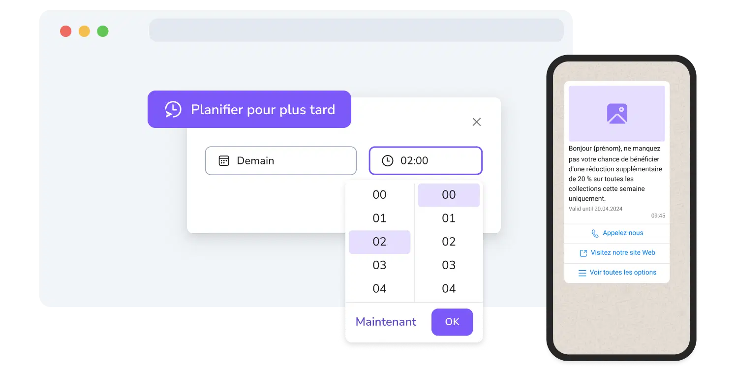 Capture d'écran de la page de gestion des campagnes WhatsApp sur TopMessage, incluant la fonctionnalité de planification.