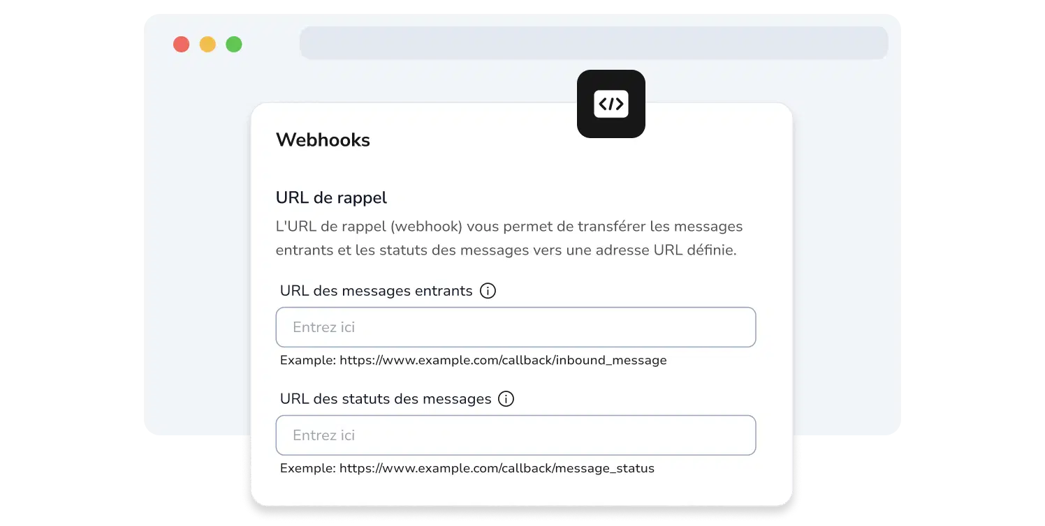 Capture d'écran de la page API de TopMessage montrant les champs pour la configuration des webhooks.