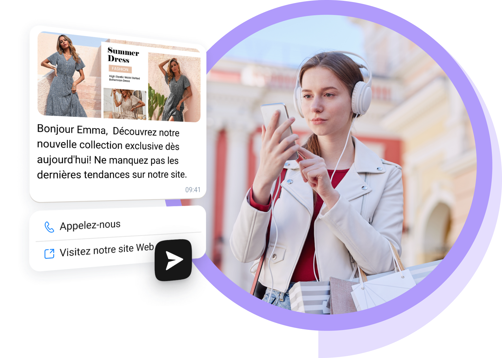 Une jeune femme avec des écouteurs blancs consulte ses messages WhatsApp relatifs à ses achats en ligne.