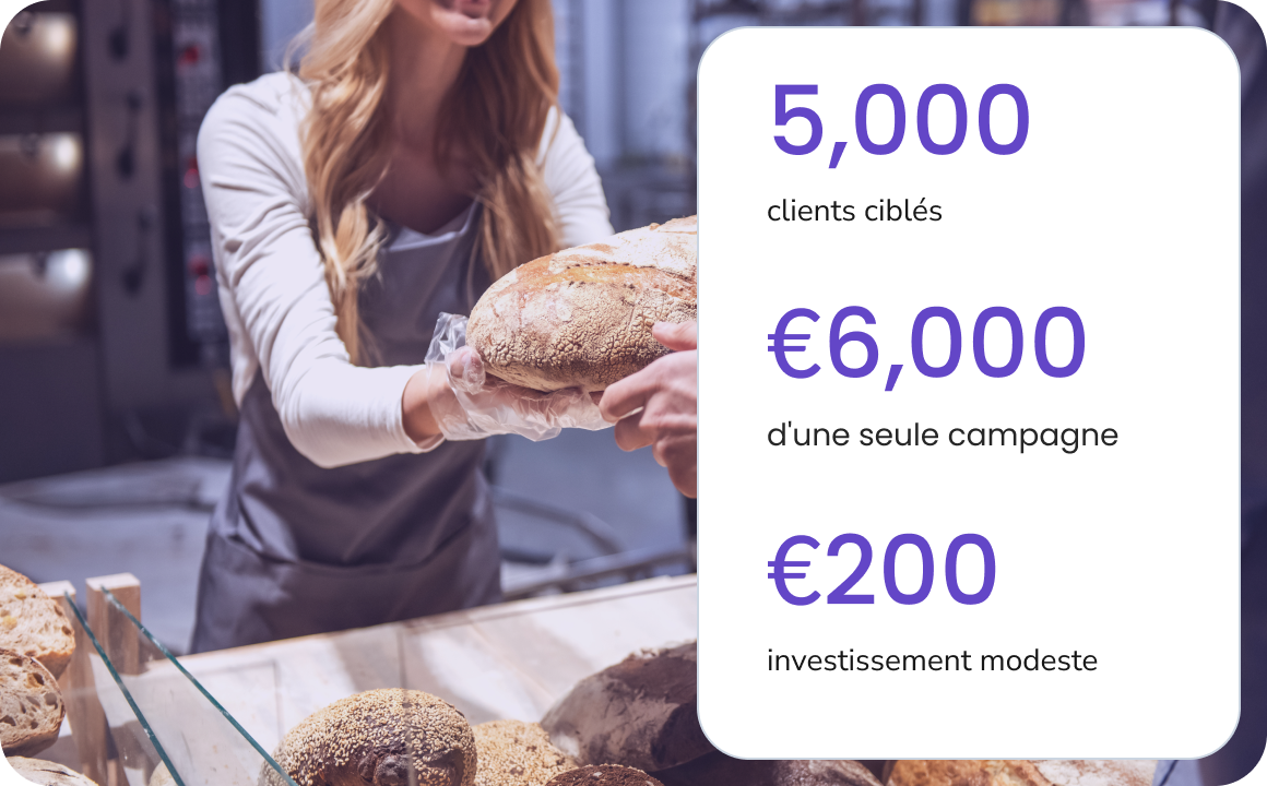 Une jeune femme, qui vend du pain frais dans une petite boulangerie, utilise TopMessage pour organiser la communication avec ses clients.