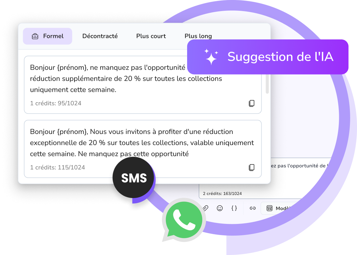 Capture d’écran de l’assistant TopMessage AI générant des suggestions de Message IA intelligentes pour améliorer les conversations clients via SMS et WhatsApp dans une boîte de réception unifiée.