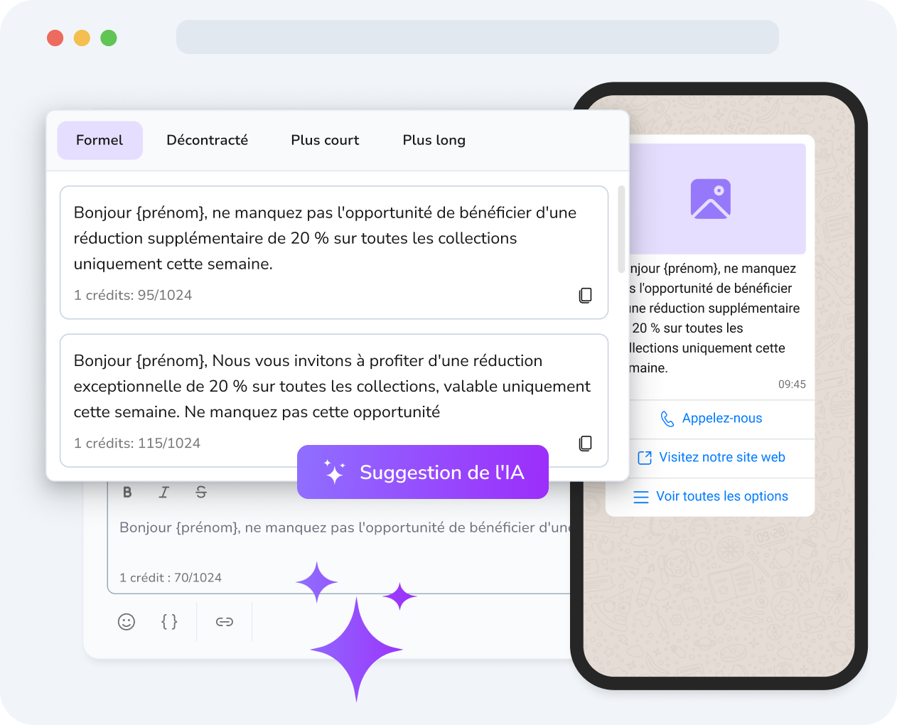 Écran de téléphone affichant TopMessage AI proposant des réponses intelligentes en temps réel pour un message client reçu sur WhatsApp, avec option d’envoi en un clic.