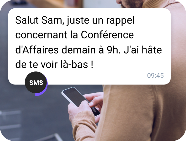 Message de rappel de conférence généré par IA et envoyé via SMS TopMessage, affiché sur un smartphone.