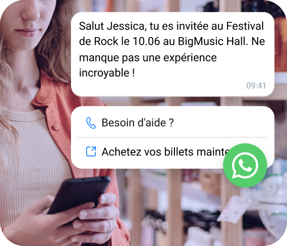 SMS de confirmation envoyé au contact pour l’achat réussi d’un billet de festival.