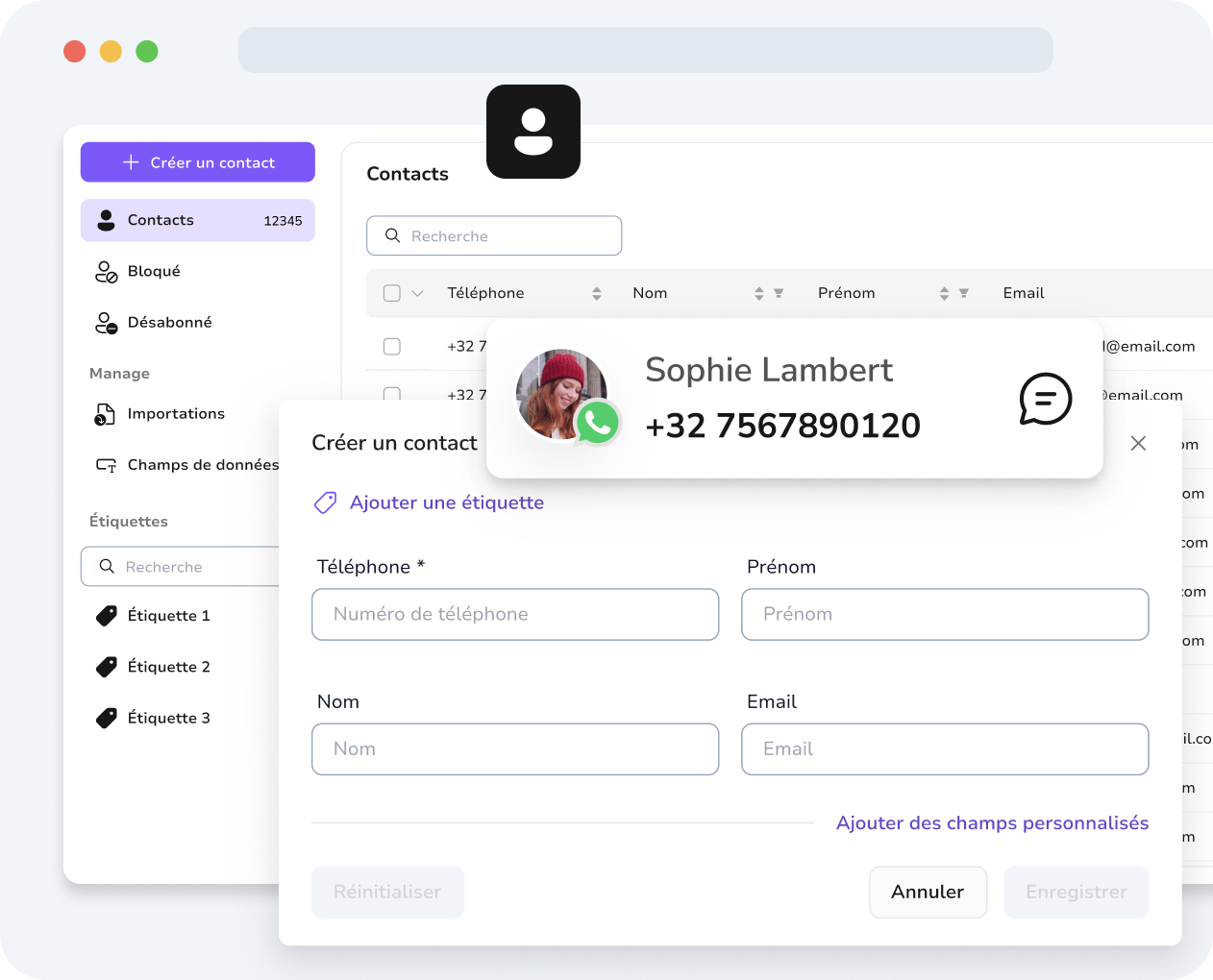 TopMessage vous permet d’enrichir chaque contact avec des champs personnalisés afin de personnaliser vos messages WhatsApp.