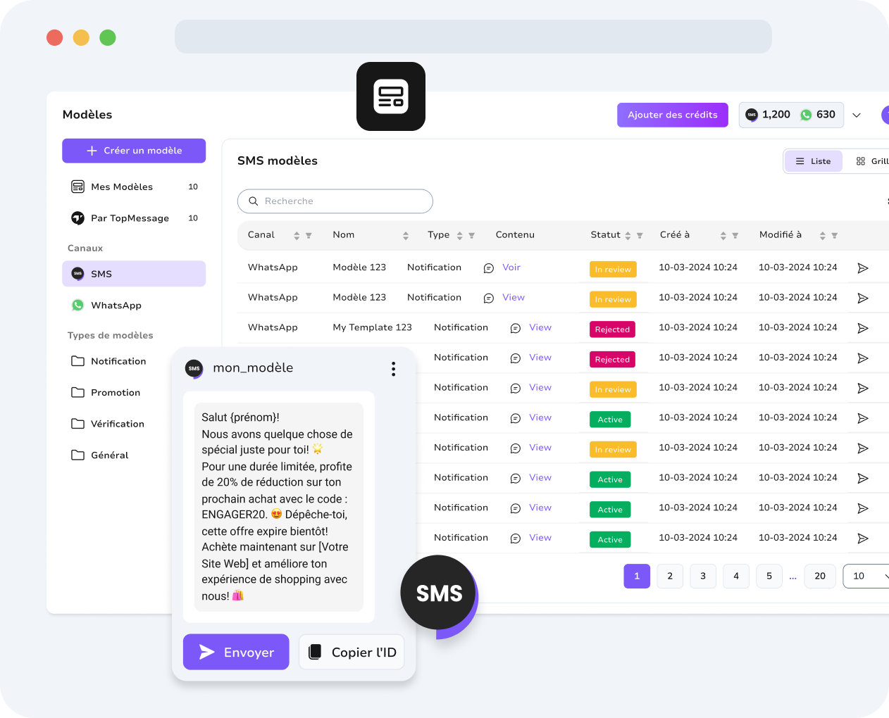 Tableau de bord unifié TopMessage affichant des modèles SMS et WhatsApp pour une gestion simplifiée de vos communications.