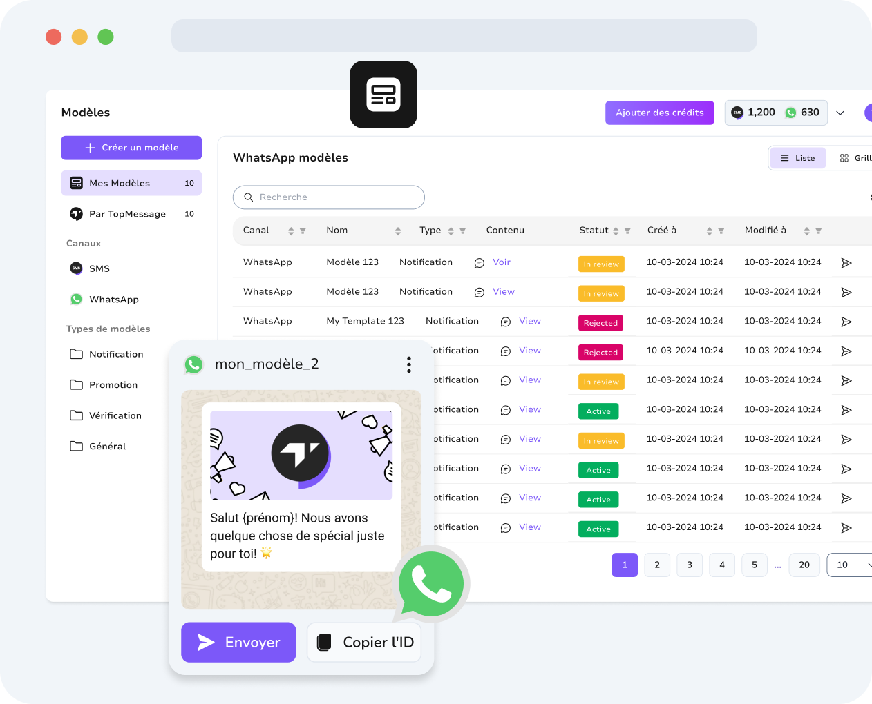Tableau de bord unifié TopMessage affichant des modèles WhatsApp et SMS pour une gestion simplifiée de la communication.