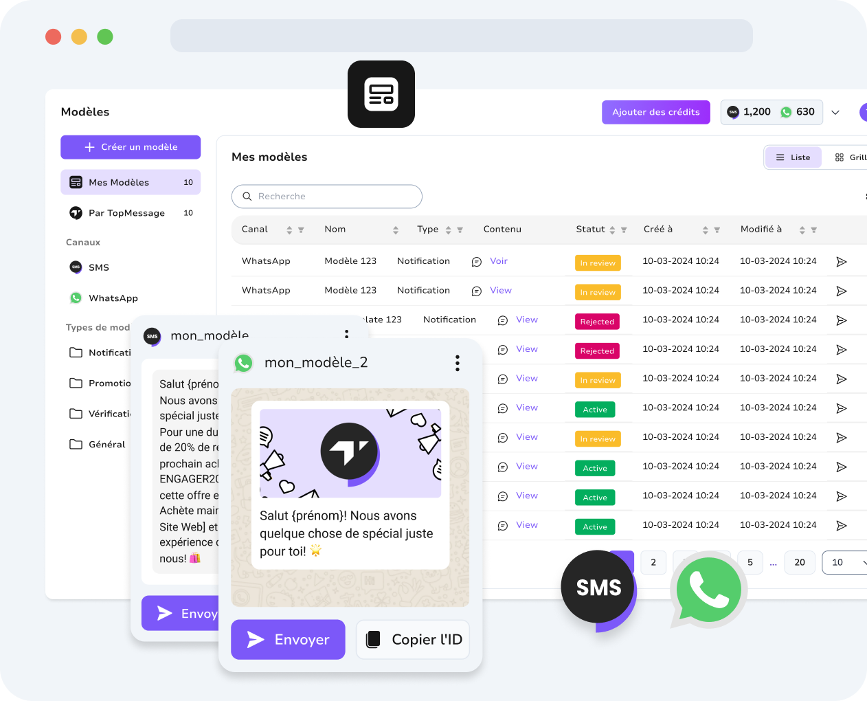 Tableau de bord unifié TopMessage présentant des modèles de messages WhatsApp et SMS pour une gestion simplifiée de la communication