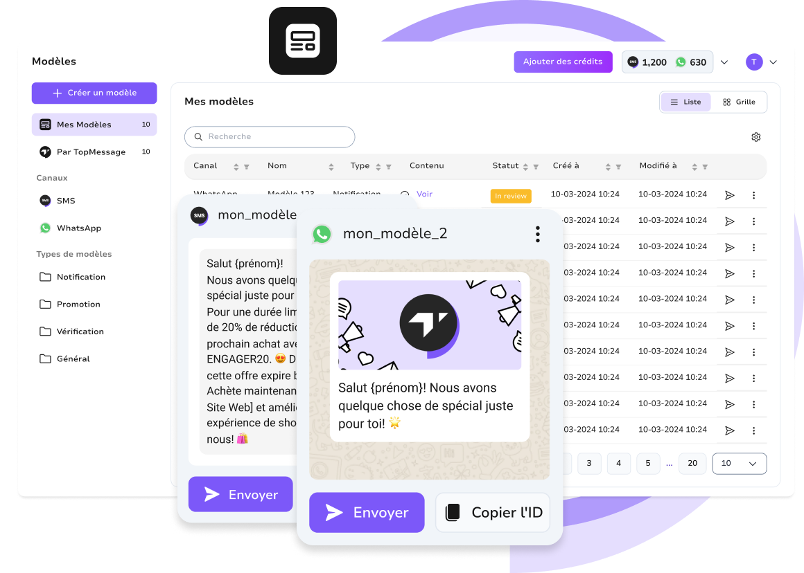 Interface de la plateforme TopMessage affichant des modèles de messages WhatsApp pour une communication automatisée et personnalisée