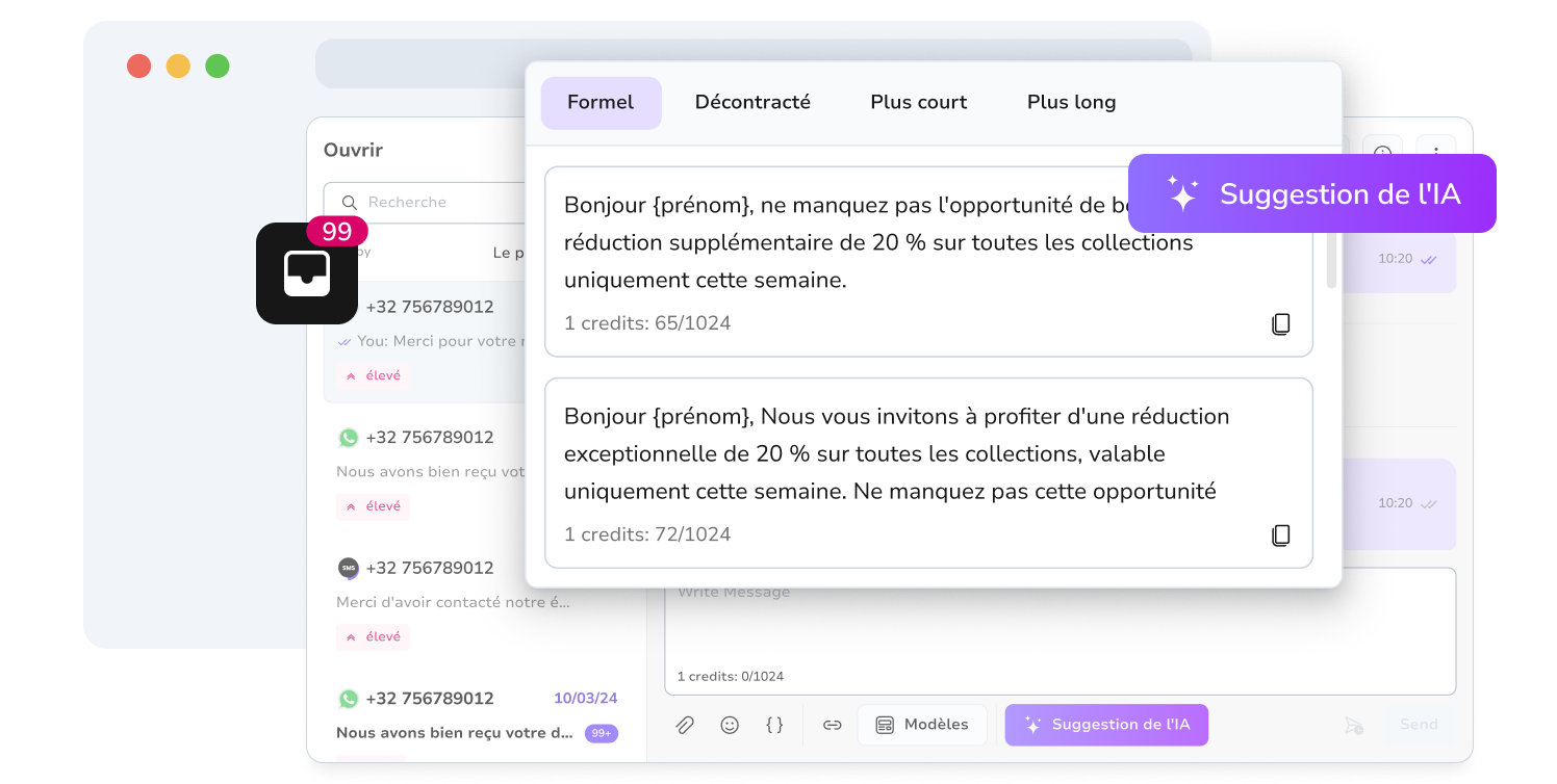Capture d'écran de l'outil d'assistance IA de TopMessage pour la gestion des messages WhatsApp.