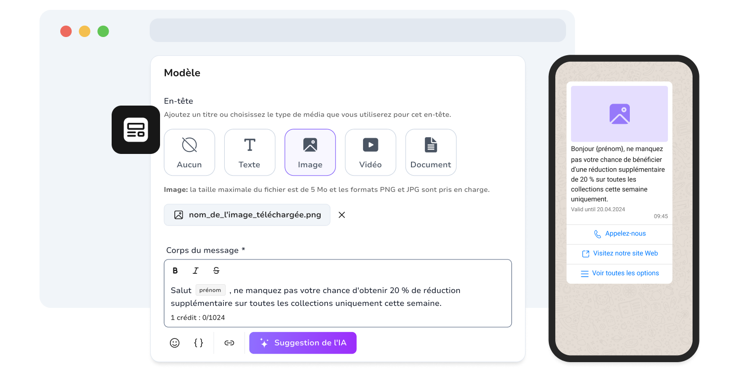 Capture d'écran de la page de création de modèles dynamiques WhatsApp sur TopMessage.