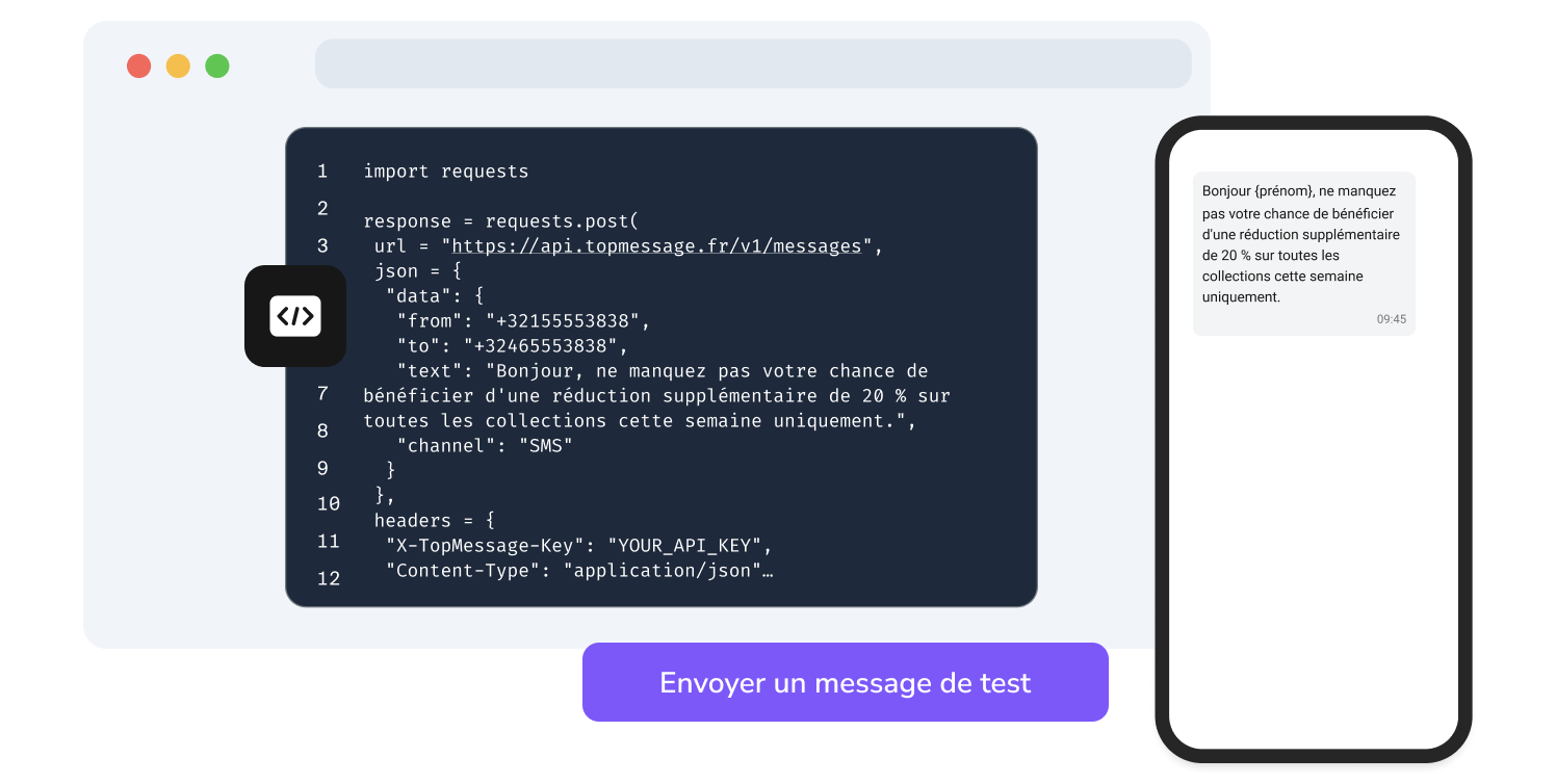 Capture d'écran de la page API d'envoi SMS de TopMessage avec la fonction de test du code SMS.