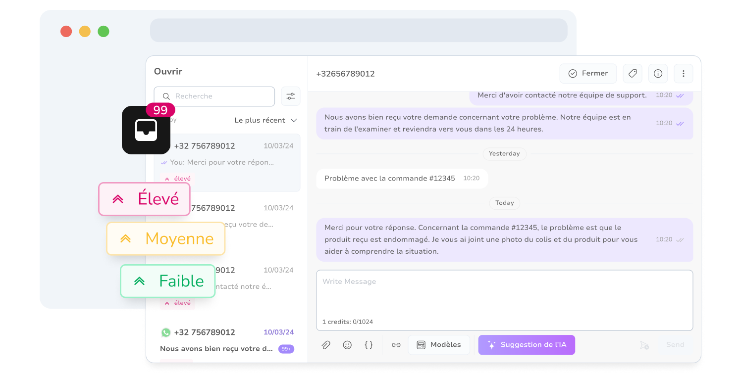 Capture d'écran de la boîte de réception WhatsApp de TopMessage avec la gestion des priorités de conversation pour WhatsApp.