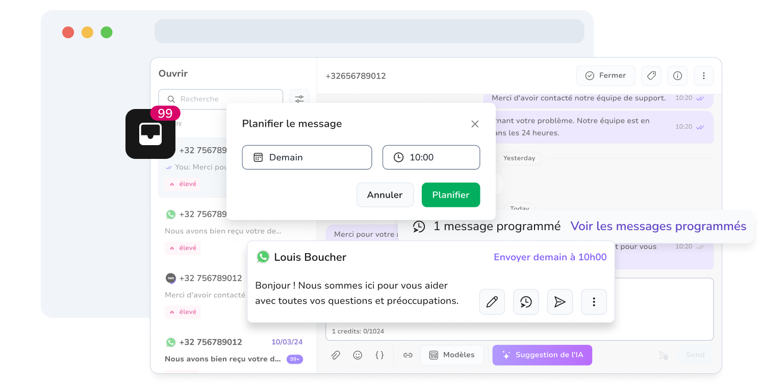 Capture d'écran de la boîte de réception WhatsApp de TopMessage avec la fonction de planification pour la gestion de WhatsApp Business.