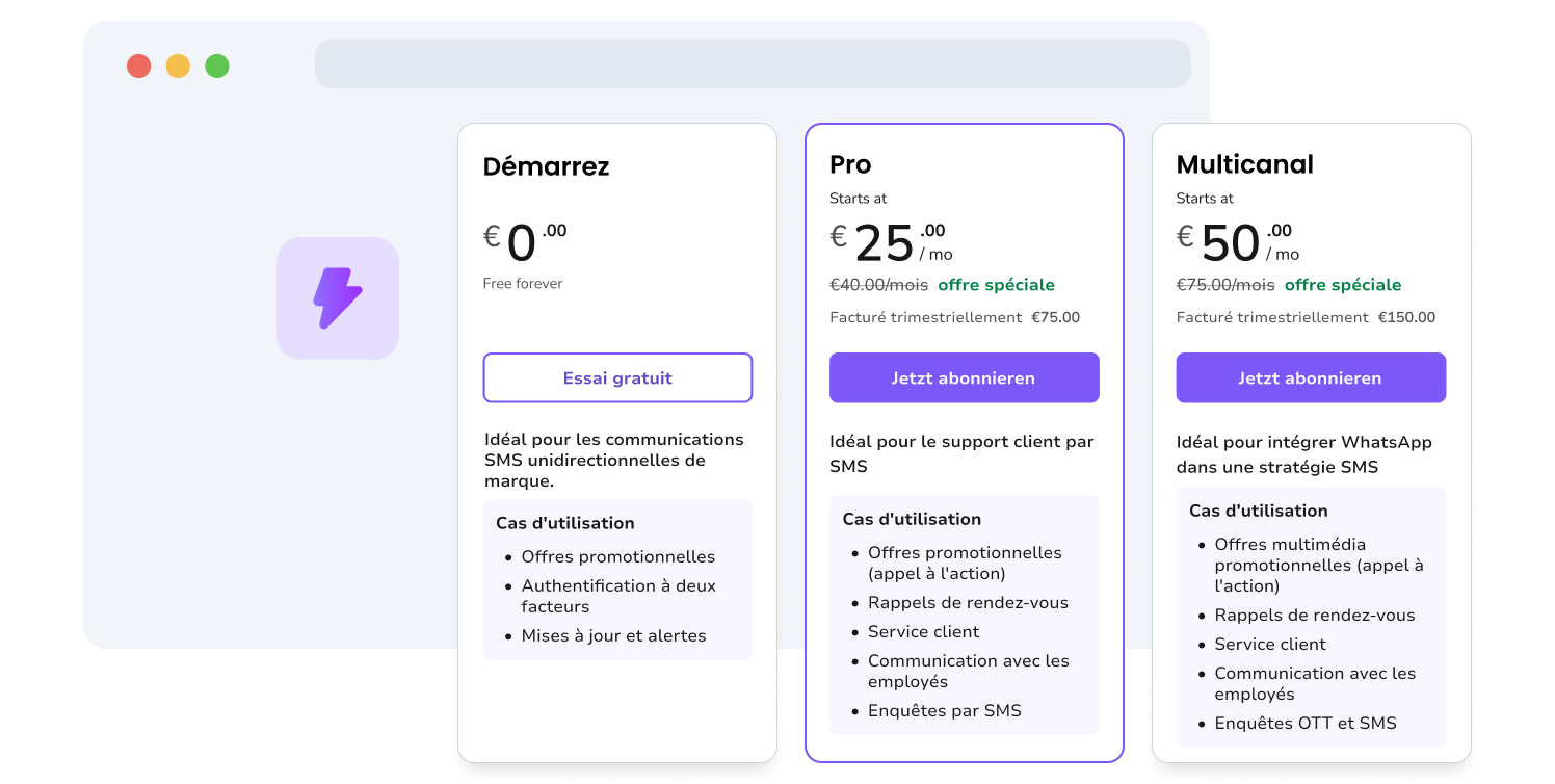 Capture d'écran de la page des options tarifaires proposées par TopMessage.