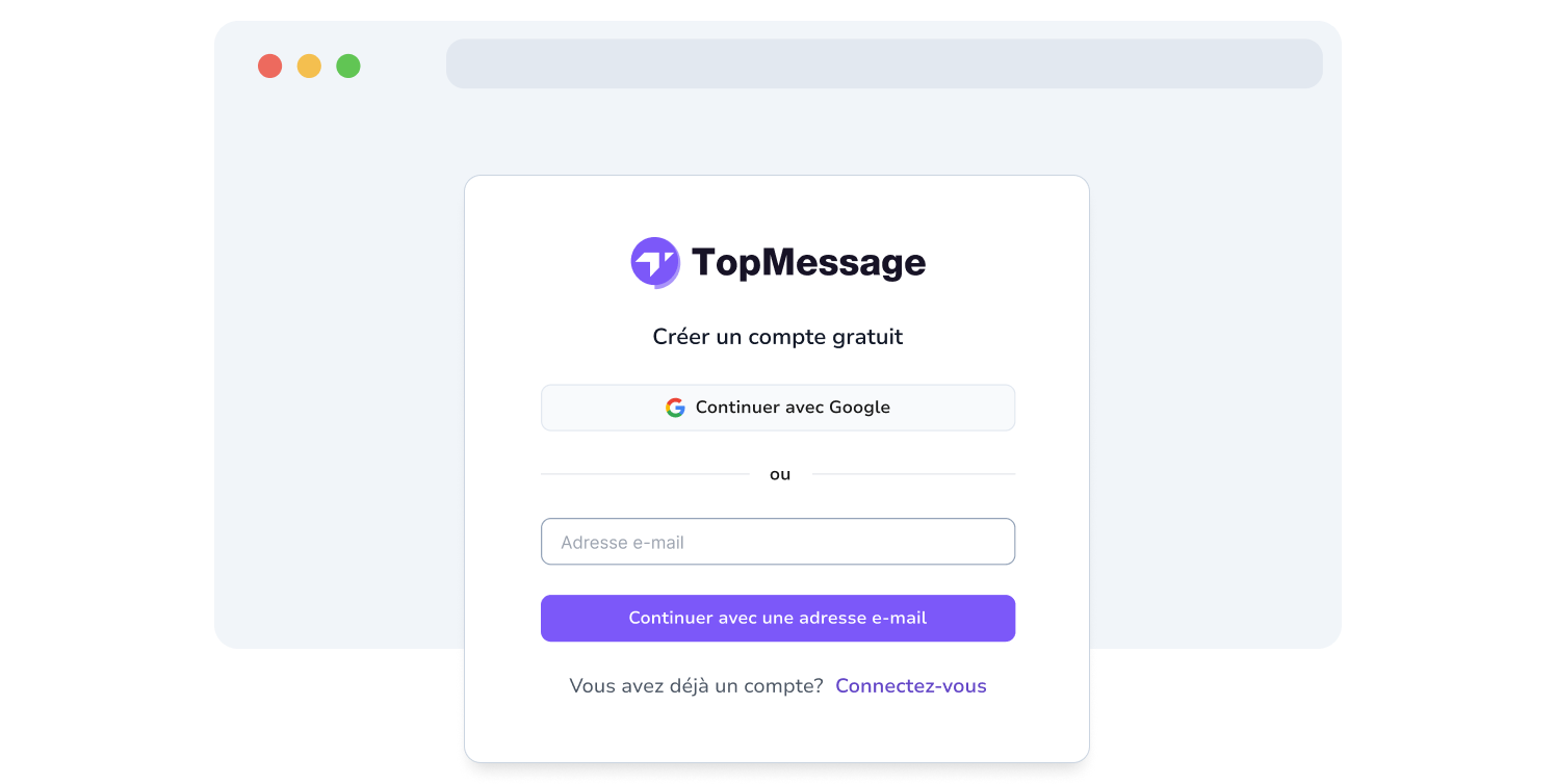 Capture d'écran de la page d'inscription de TopMessage.