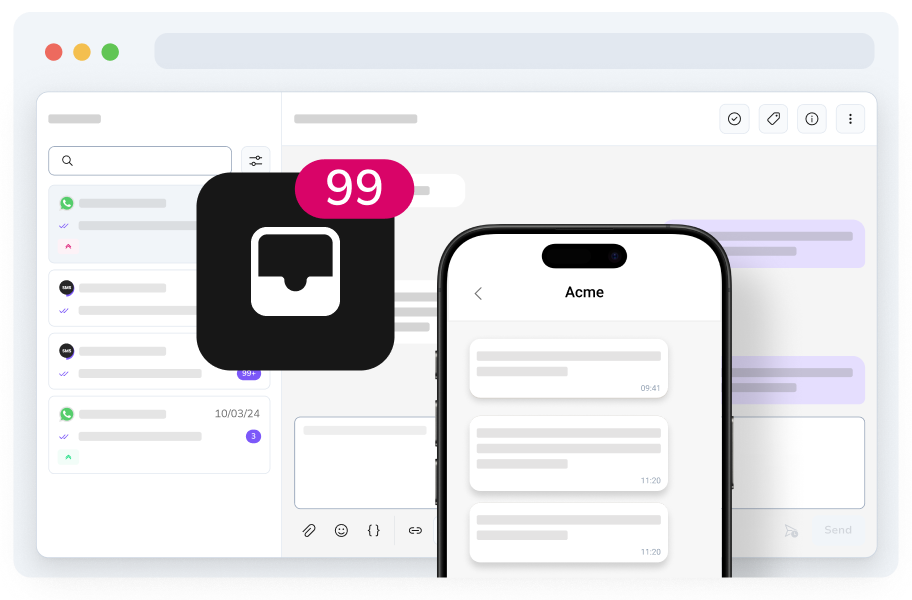 Tableau de bord de la plateforme de messagerie sur smartphone, avec 99 notifications, illustrant un volume élevé de messages.