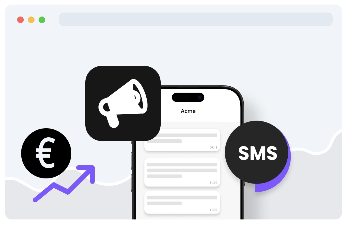 Smartphone avec icônes SMS et mégaphone, symbole euro et flèche ascendante, représentant le marketing et la croissance des revenus.