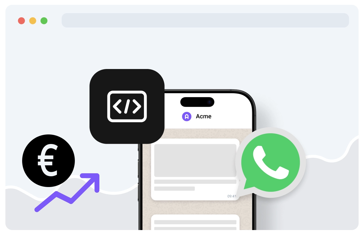 Smartphone avec icônes WhatsApp et code, symbole euro et flèche ascendante, illustrant l’intégration et les gains pour les développeurs.